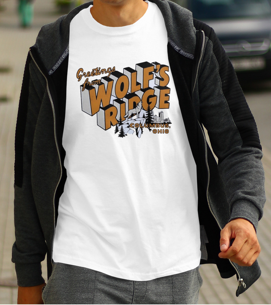 Greetings From Wolf's Ridge Columbus Ohio Wolf And Skyline Scene T-Shirt