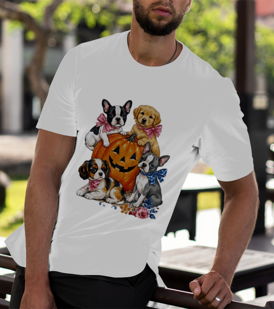 Puppies With Pink And Blue Bows Jack O' Lantern Pumpkin Halloween T-Shirt