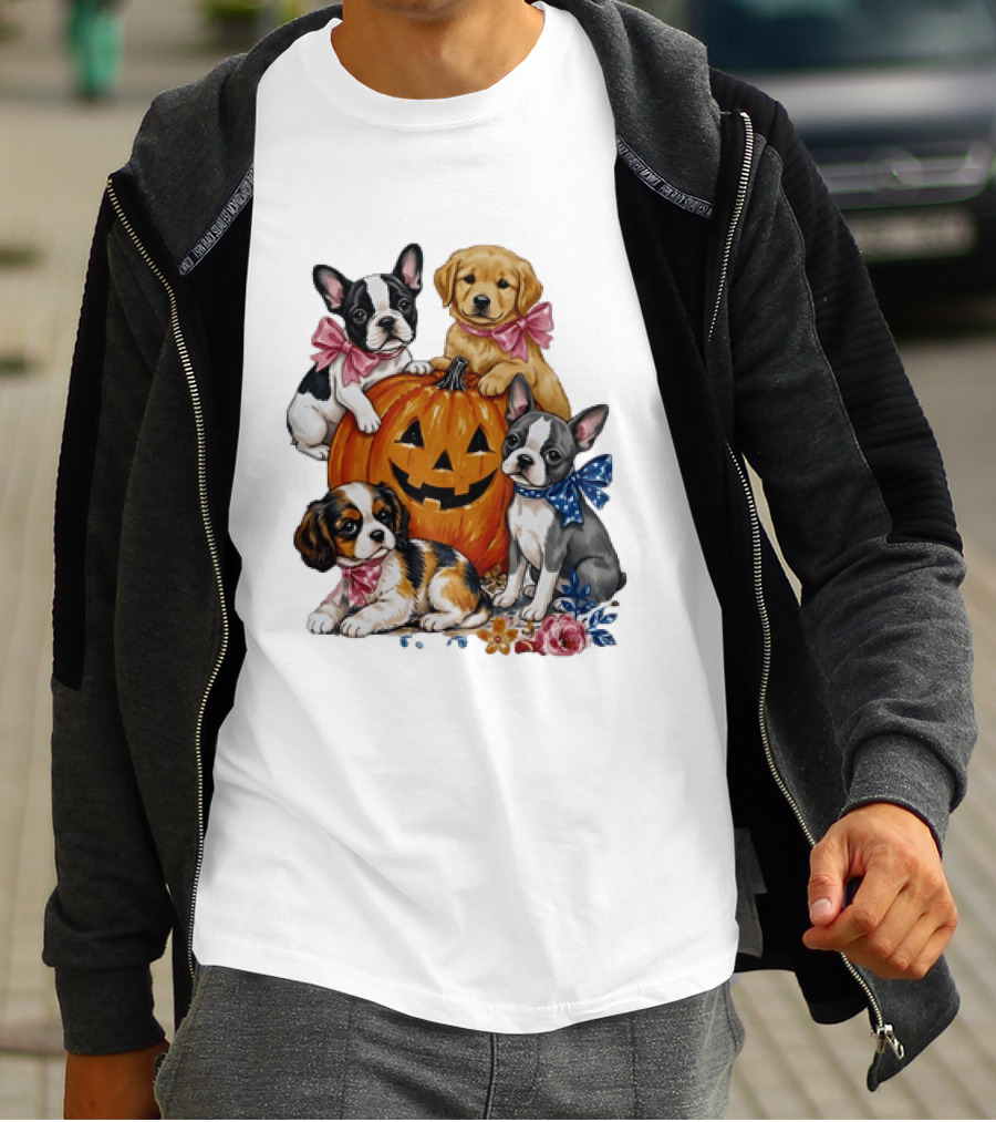 Puppies With Pink And Blue Bows Jack O' Lantern Pumpkin Halloween T-Shirt