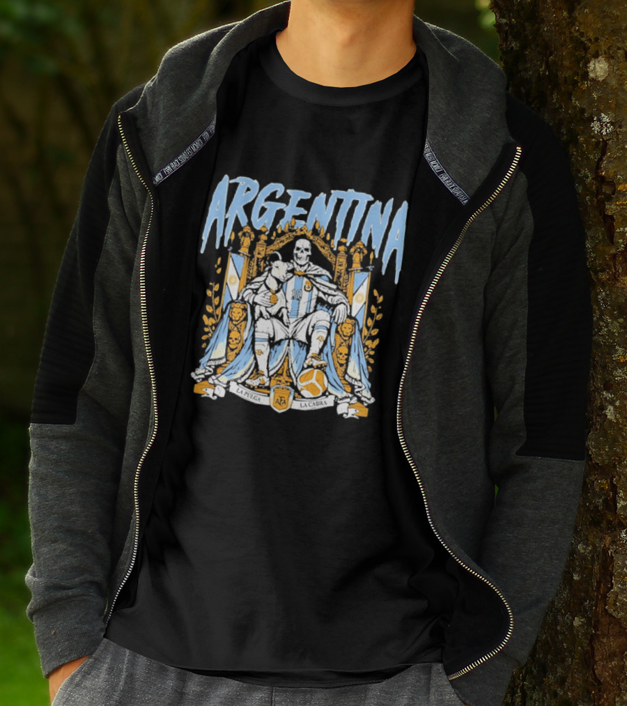 Argentina Lionel Messi La Pulga La Cabra Goat Skeleton Throne AFA Soccer T-Shirt