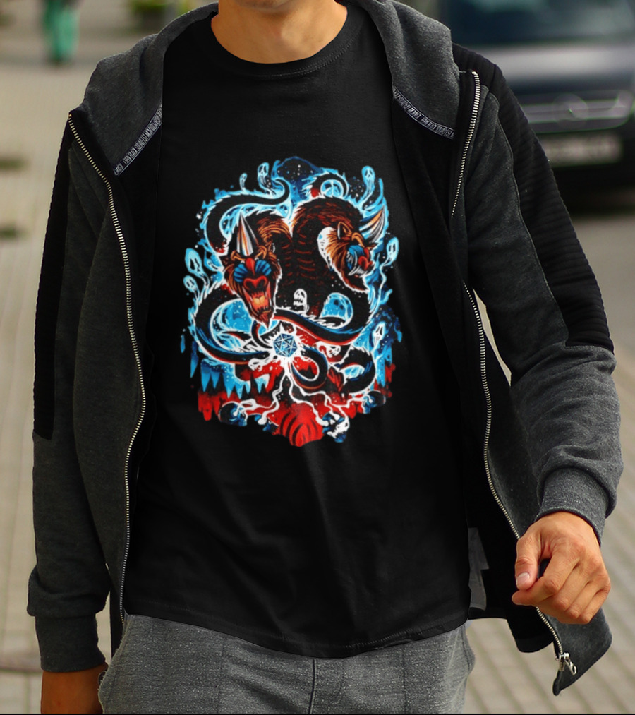 Demogorgon Dungeons And Dragons Two Heads Souls Blue Flames 20 T-Shirt