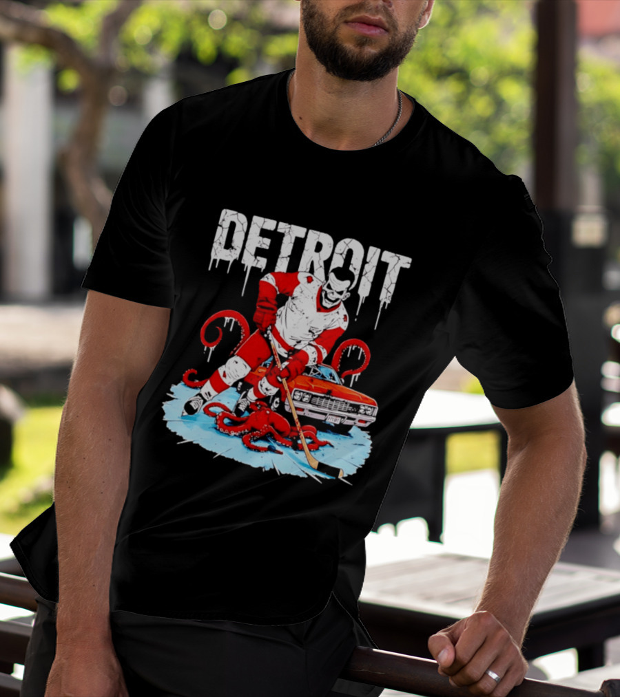 Detroit Hockey Skeleton Octopus Muscle Car T-Shirt
