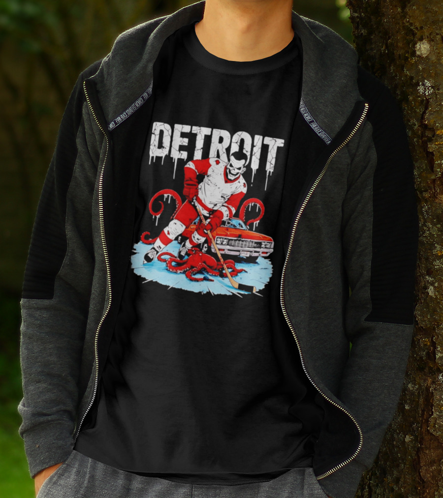 Detroit Hockey Skeleton Octopus Muscle Car T-Shirt