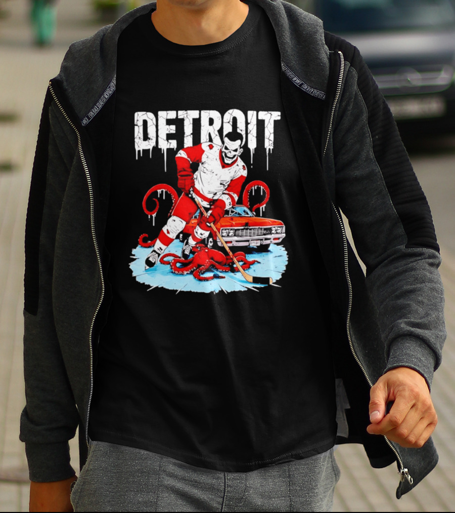 Detroit Hockey Skeleton Octopus Muscle Car T-Shirt