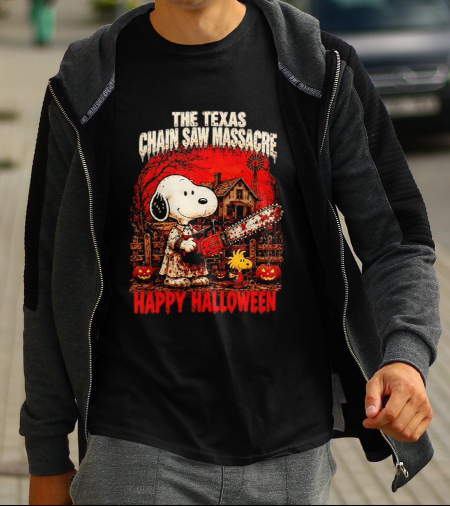 Snoopy Woodstock The Texas Chain Saw Massacre Happy Halloween Scene T-Shirt