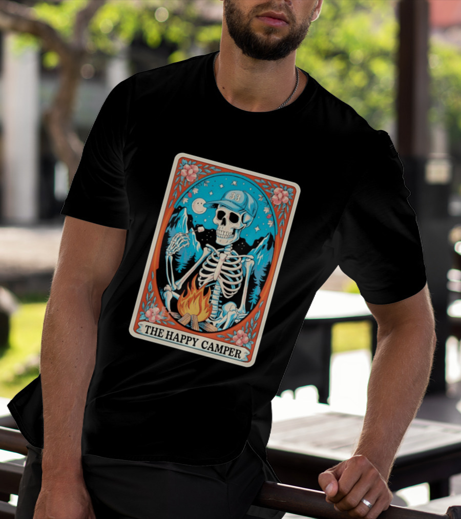 The Happy Camper Skeleton 33 Marshmallow Campfire Scene T-Shirt