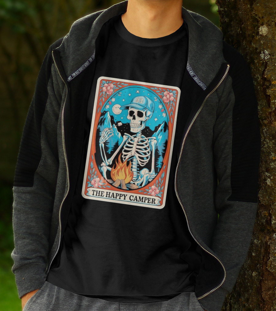The Happy Camper Skeleton 33 Marshmallow Campfire Scene T-Shirt