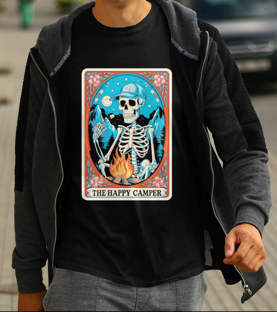 The Happy Camper Skeleton 33 Marshmallow Campfire Scene T-Shirt