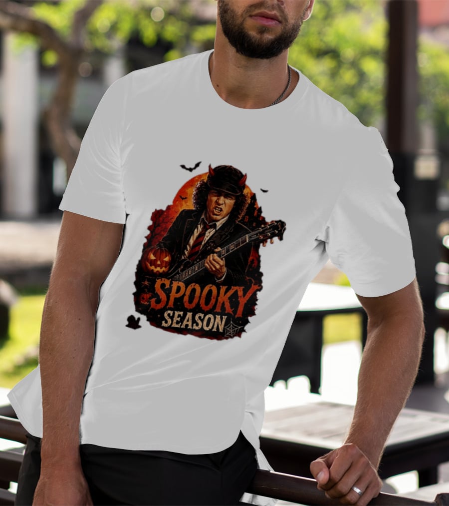 Spooky Season Angus Young Halloween AC DC Inspired Pumpkin Guitar T-Shirt