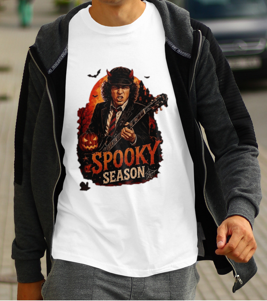 Spooky Season Angus Young Halloween AC DC Inspired Pumpkin Guitar T-Shirt