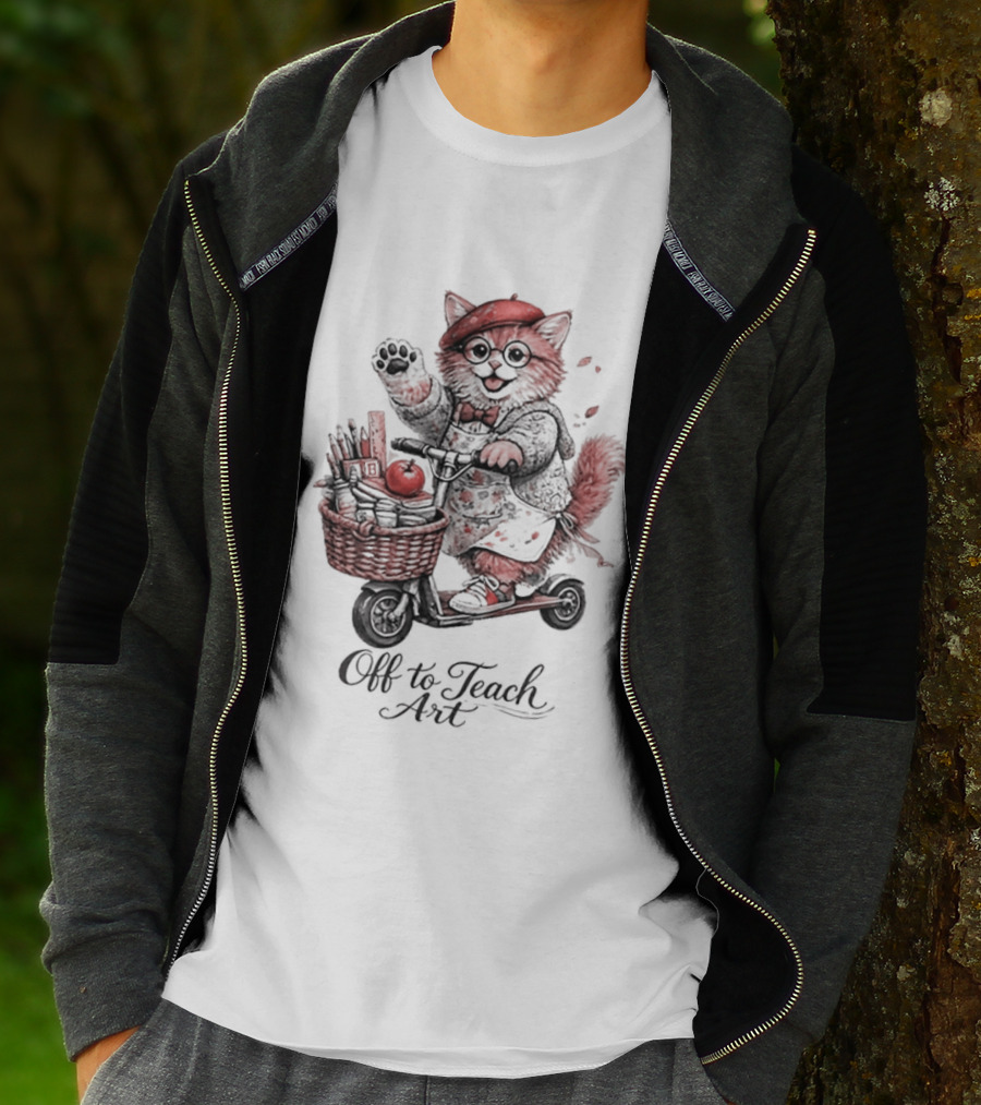 Off To Teach Cat On Scooter With Art Supplies And Apple T-Shirt