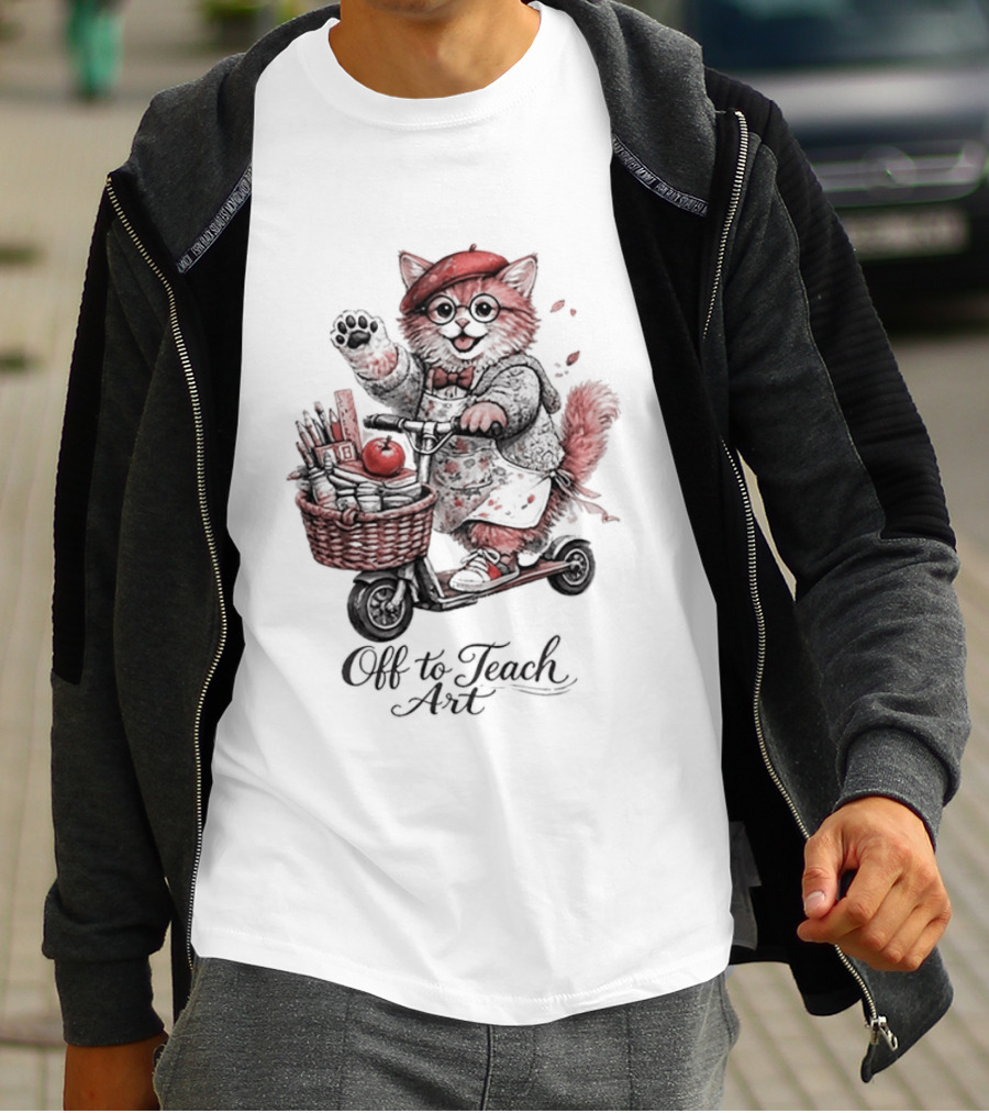 Off To Teach Cat On Scooter With Art Supplies And Apple T-Shirt