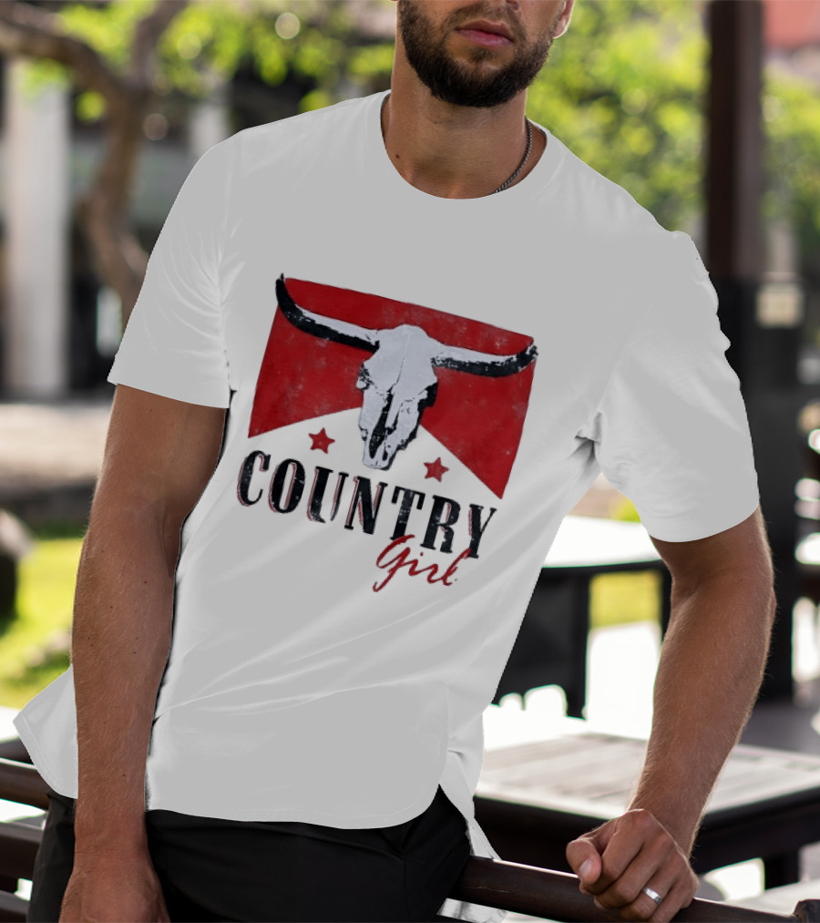 Country Girl Western Bull Skull Red Star Banner T-Shirt