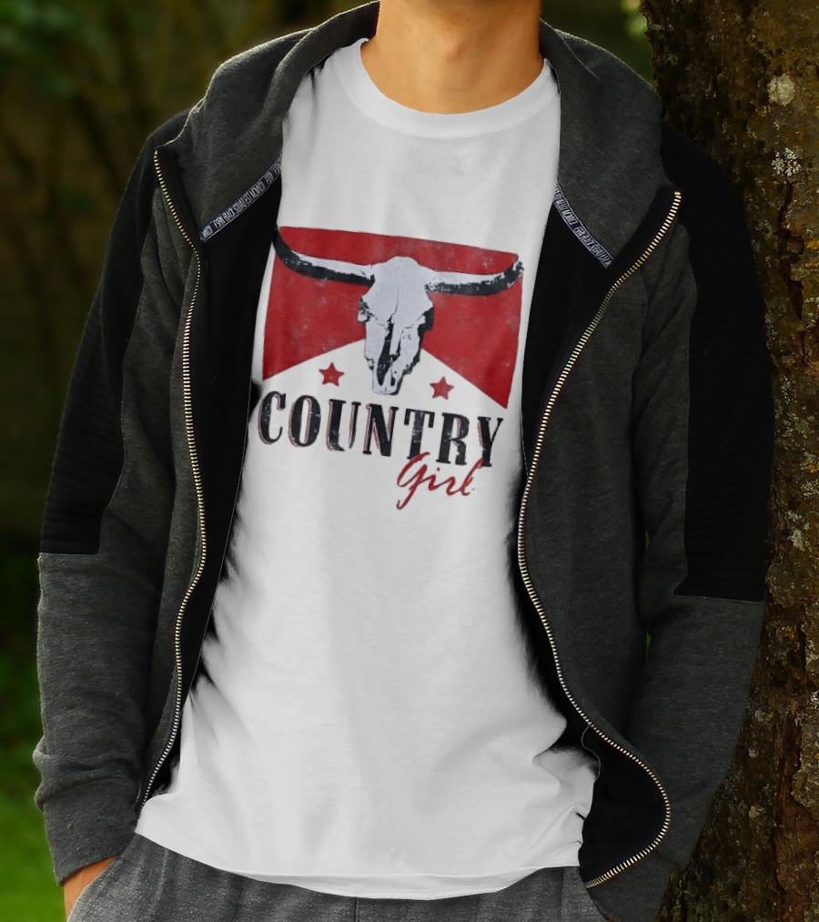 Country Girl Western Bull Skull Red Star Banner T-Shirt