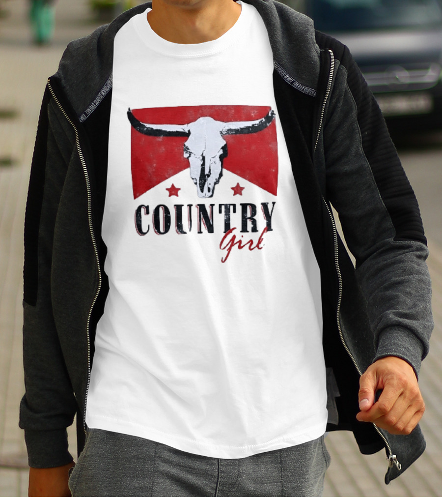 Country Girl Western Bull Skull Red Star Banner T-Shirt