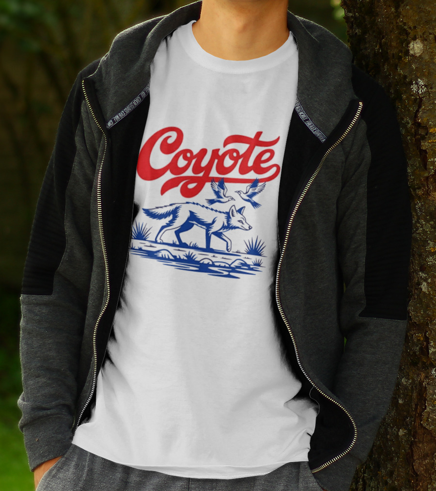 Coyote With Birds In Desert Scene Wild Western Desert T-Shirt