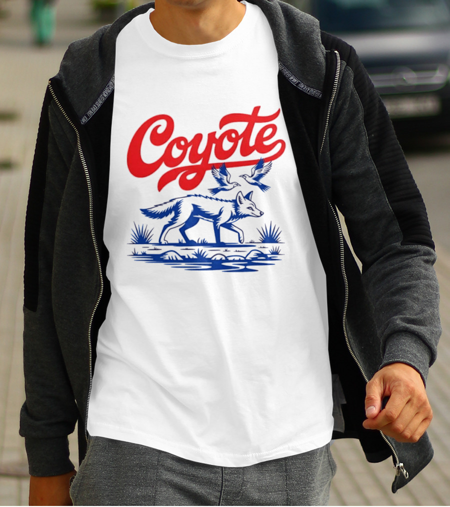 Coyote With Birds In Desert Scene Wild Western Desert T-Shirt