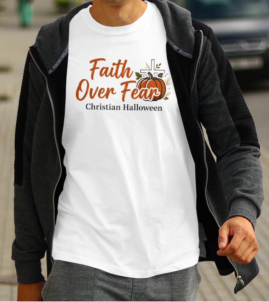 Faith Over Fear Christian Halloween Pumpkin Cross T-Shirt