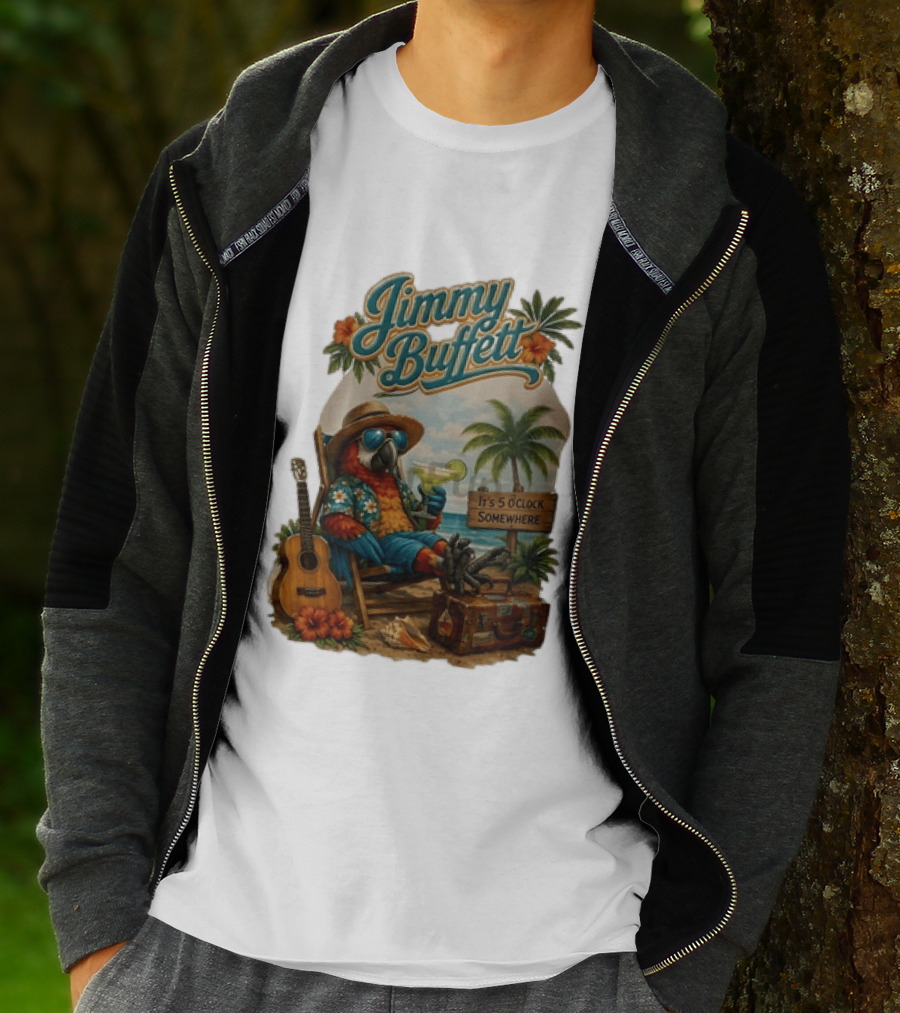 Jimmy Buffett It's 5 O' Somewhere Tropical Parrot Beach Guitar Cocktails Palm Trees T-Shirt