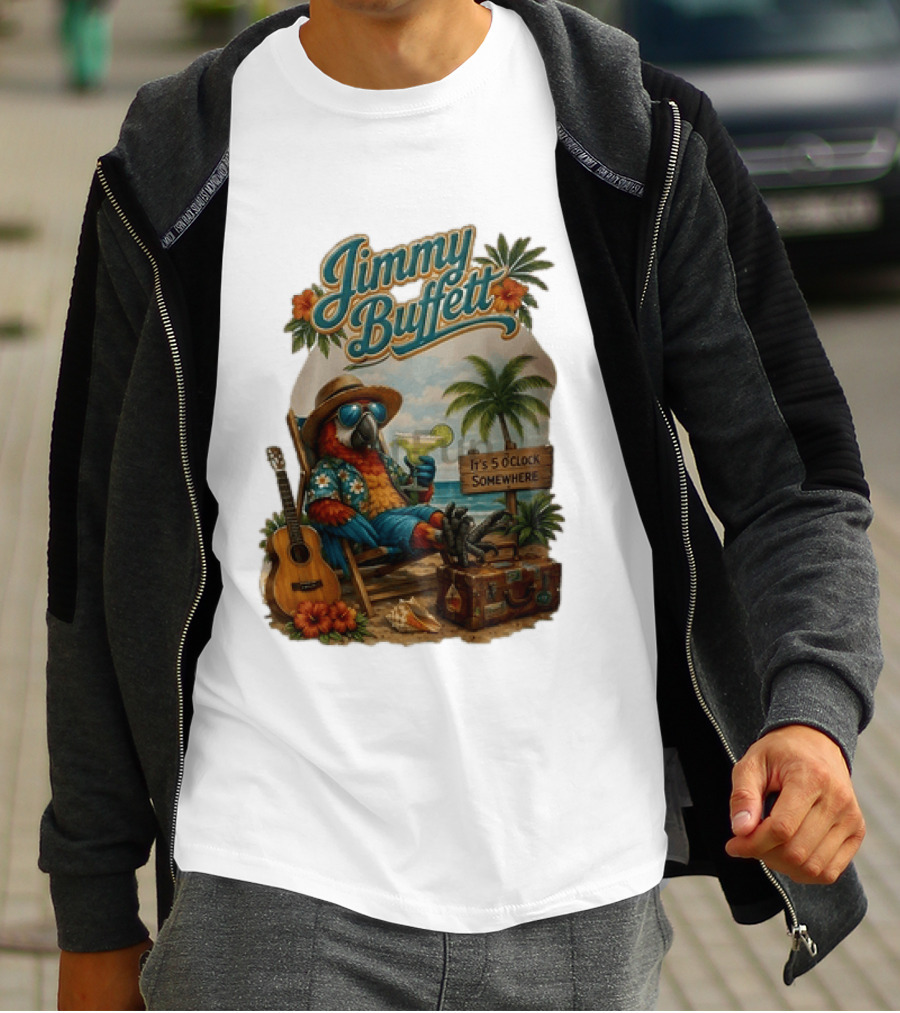 Jimmy Buffett It's 5 O' Somewhere Tropical Parrot Beach Guitar Cocktails Palm Trees T-Shirt
