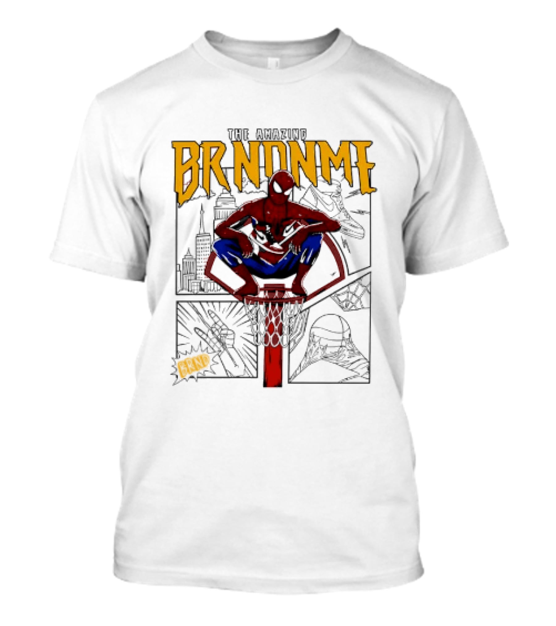 The Amazing Brndnme Spider Man Squatting On Basketball Hoop Cityscape Comic Panels T-Shirt