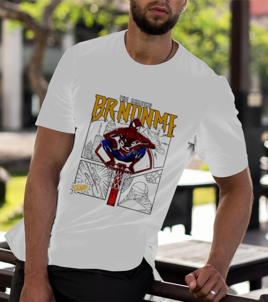 The Amazing Brndnme Spider Man Squatting On Basketball Hoop Cityscape Comic Panels T-Shirt