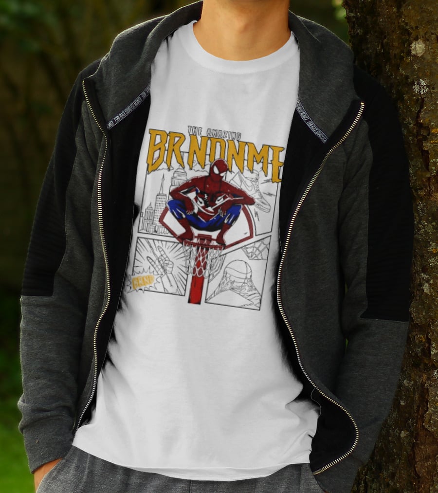 The Amazing Brndnme Spider Man Squatting On Basketball Hoop Cityscape Comic Panels T-Shirt