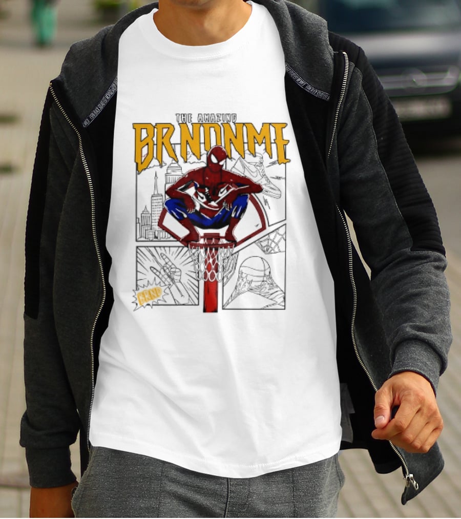 The Amazing Brndnme Spider Man Squatting On Basketball Hoop Cityscape Comic Panels T-Shirt