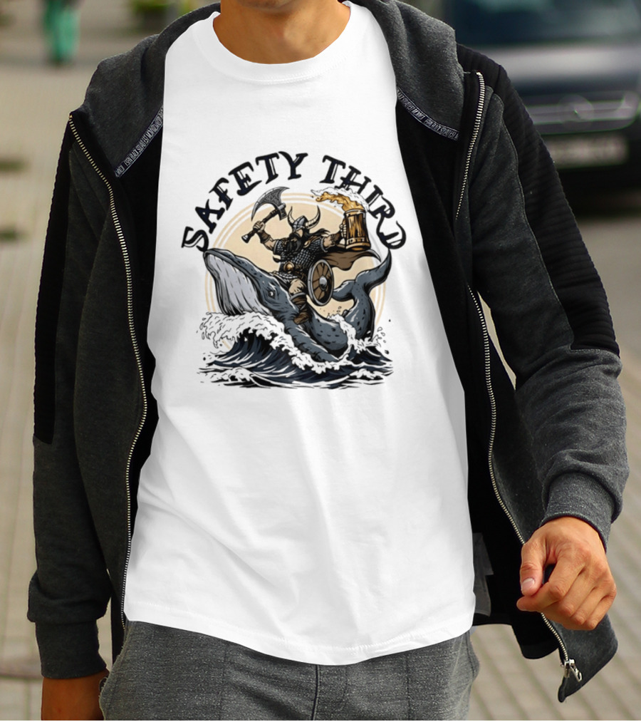 Viking Riding Whale With Beer Horn Safety Third T-Shirt