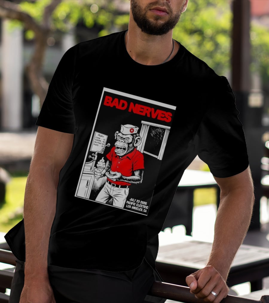 Bad Nerves July 23 2026 Pacific Electric Los Angeles Monkey Ice Cream Server Comic T-Shirt