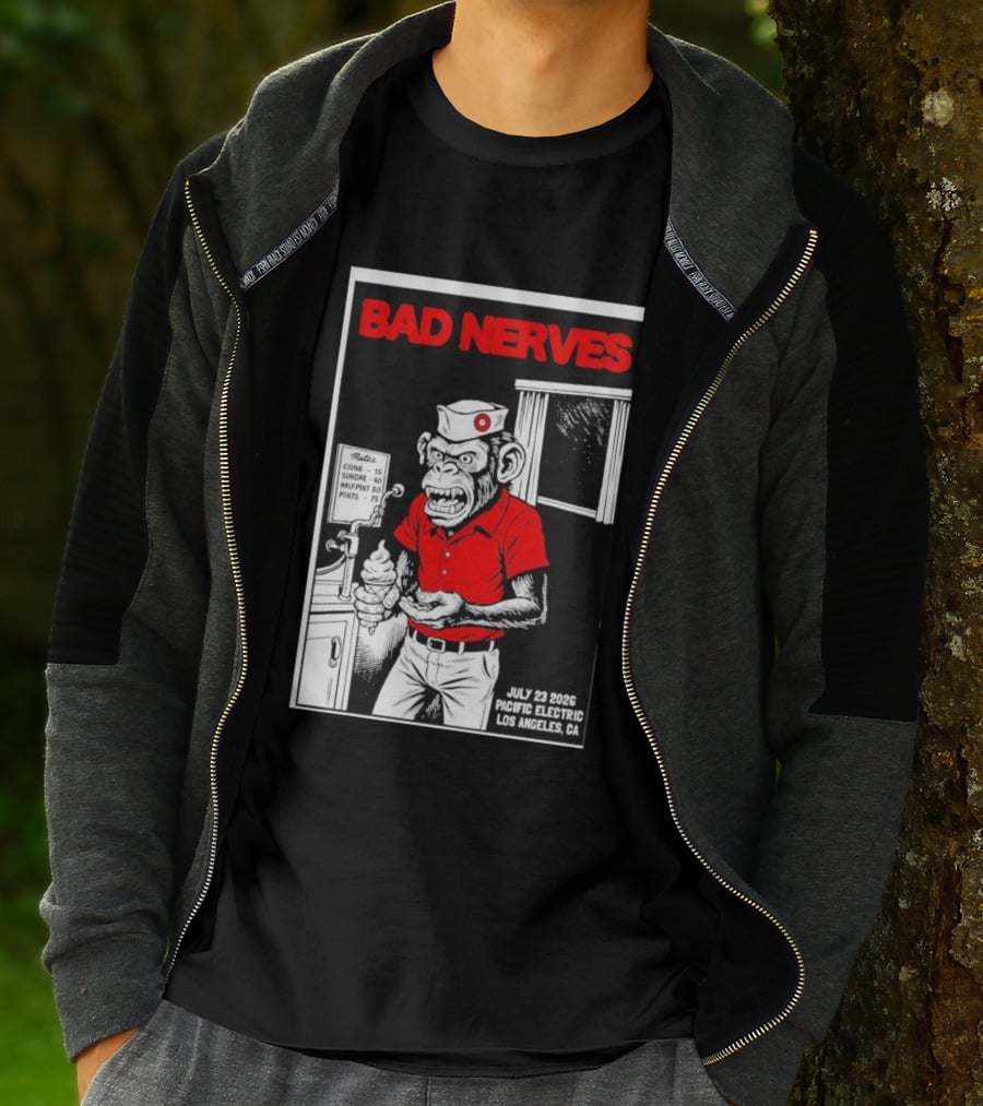 Bad Nerves July 23 2026 Pacific Electric Los Angeles Monkey Ice Cream Server Comic T-Shirt