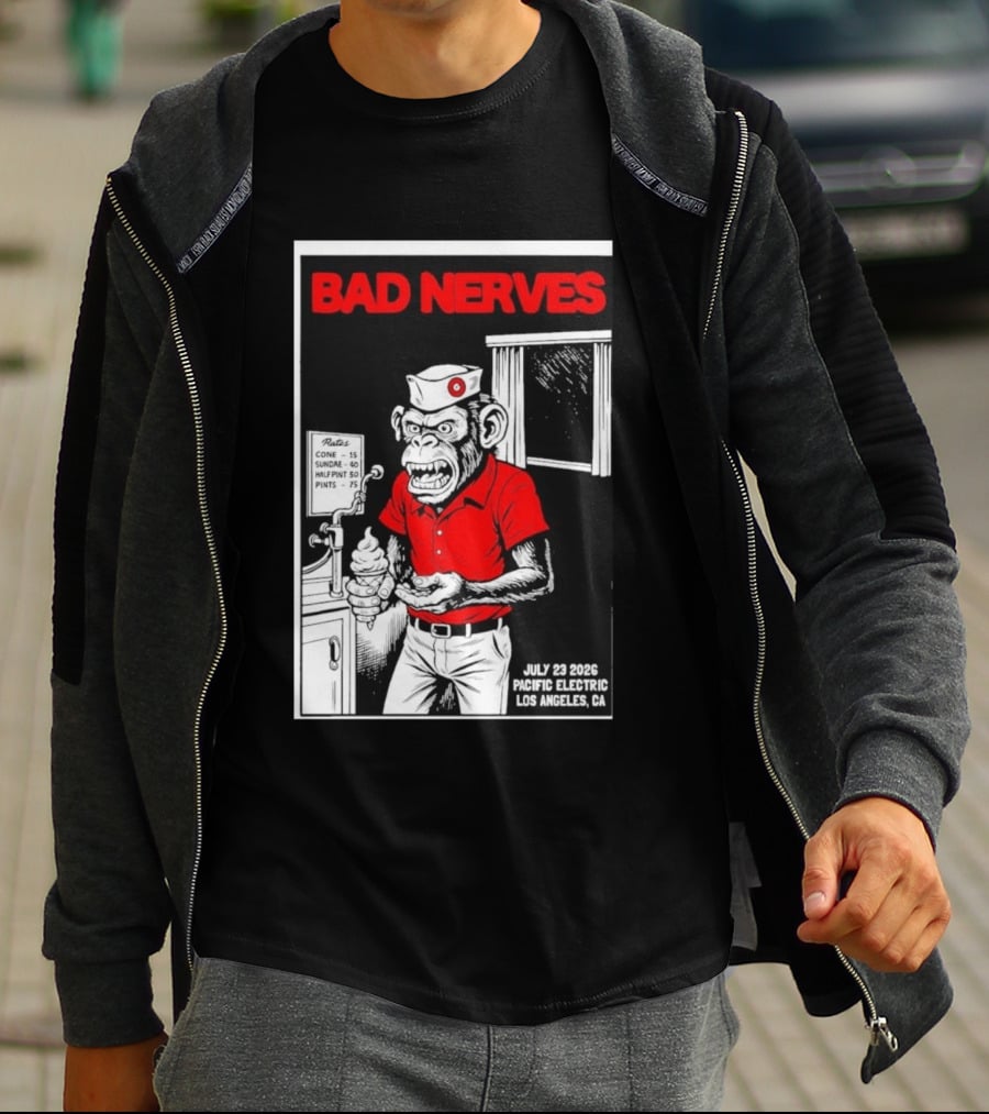 Bad Nerves July 23 2026 Pacific Electric Los Angeles Monkey Ice Cream Server Comic T-Shirt