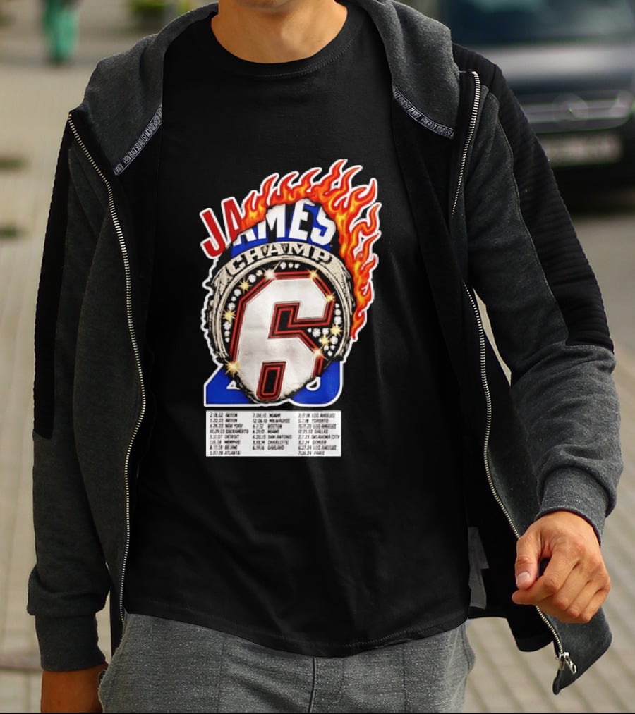LeBron James Champ 6 Milestone Dates Cleveland Miami Los Angeles 2012 2013 2016 2020 T-Shirt