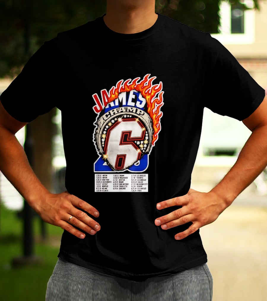 LeBron James Champ 6 Milestone Dates Cleveland Miami Los Angeles 2012 2013 2016 2020 T-Shirt