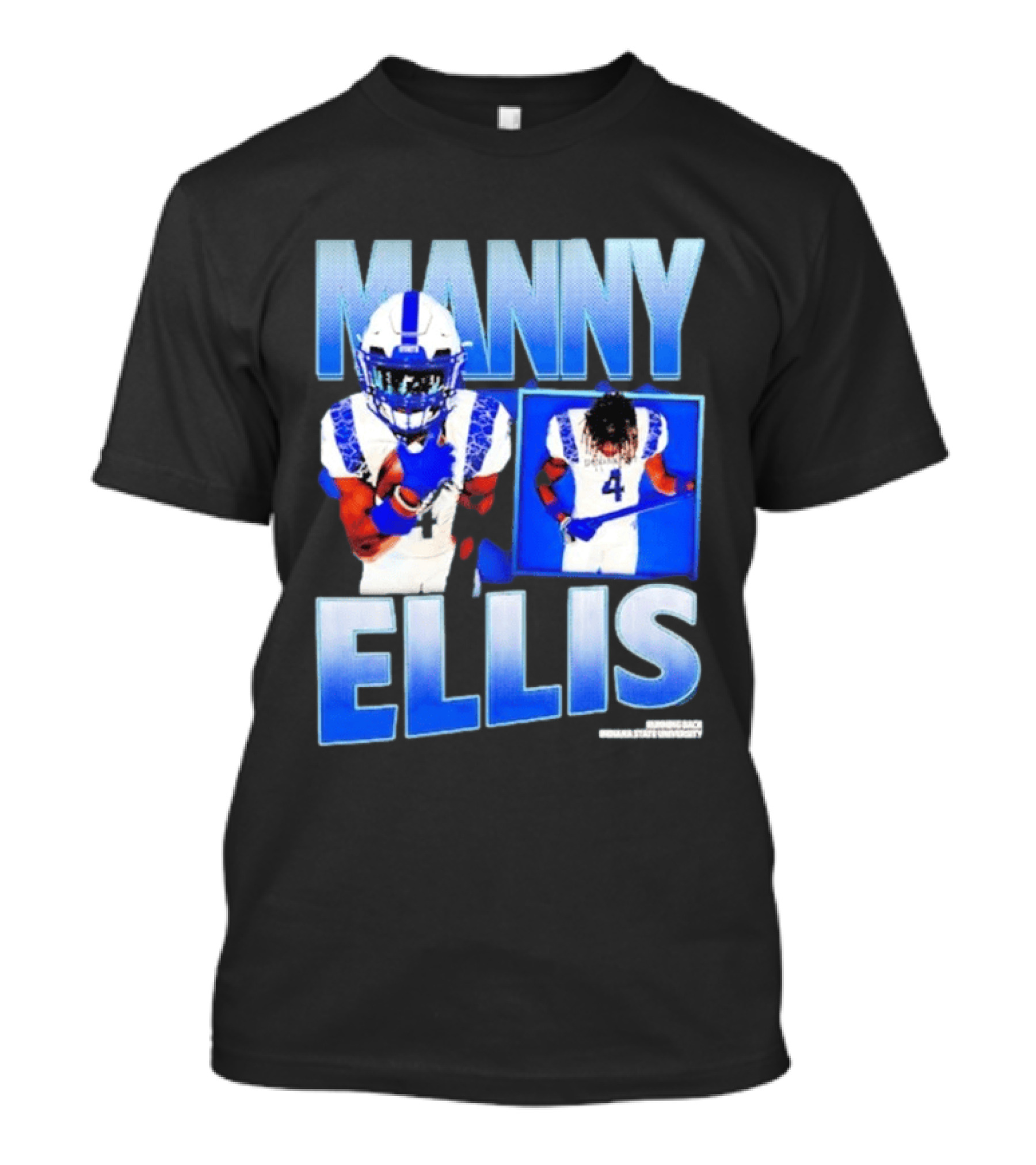 Manny Ellis Indiana State Running Back Football Jersey Number 4 Blue And White T-Shirt
