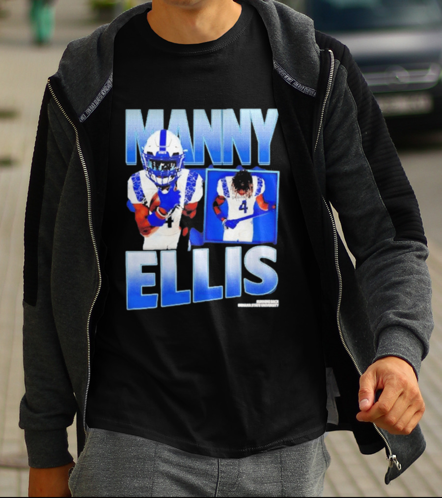 Manny Ellis Indiana State Running Back Football Jersey Number 4 Blue And White T-Shirt