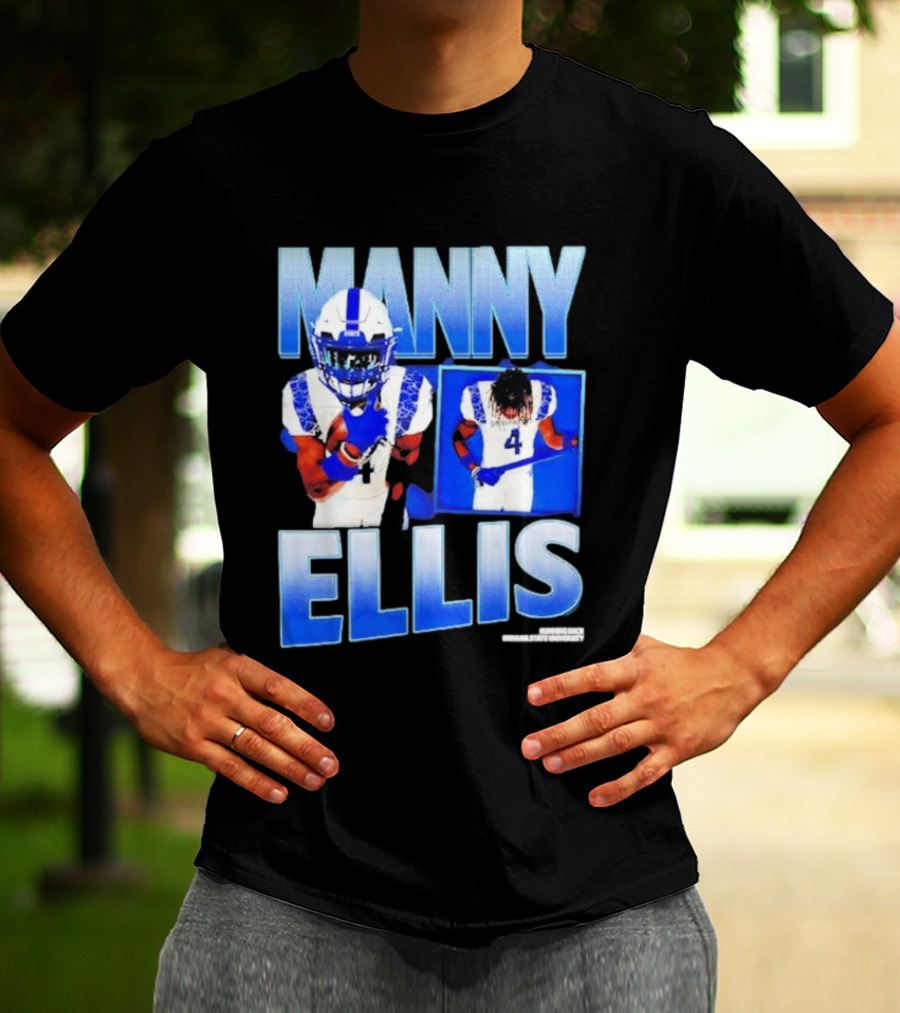 Manny Ellis Indiana State Running Back Football Jersey Number 4 Blue And White T-Shirt