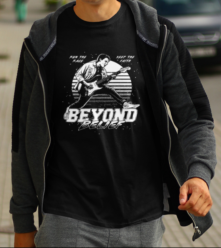 Girder Music Store Beyond Belief Run The Race Keep The Faith Guitar Player T-Shirt