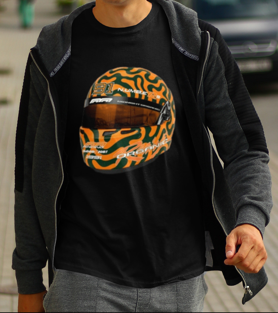 Midnight Organic Store Formula Helmet 91 Number 1991 RPM Orange Green T-Shirt