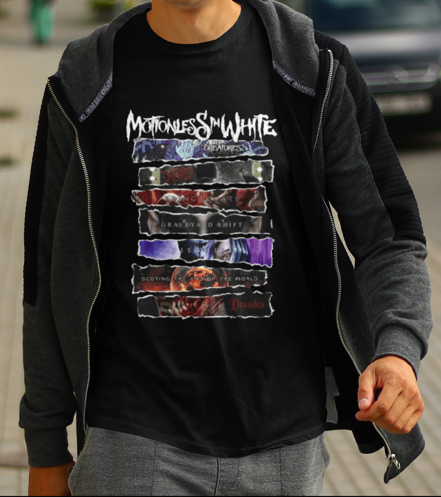 Motionless In White Creatures Infamous Reincarnate Graveyard Shift Disguise Scoring The End Of The World Decades T-Shirt