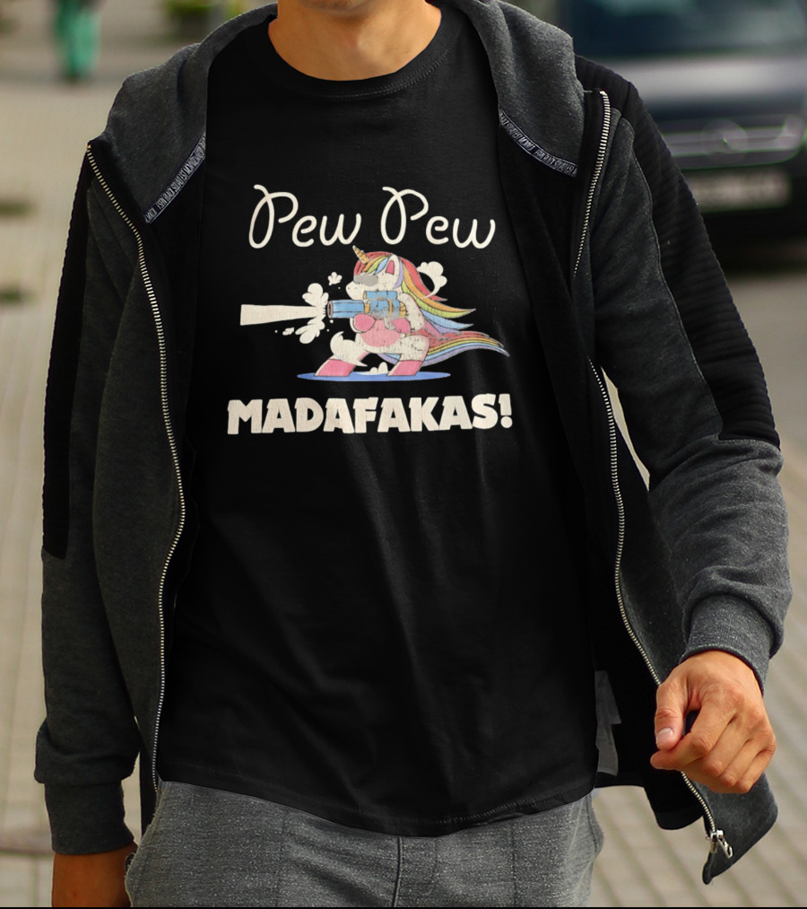 Pew Pew Madafakas Distressed Unicorn Funny Meme T-Shirt