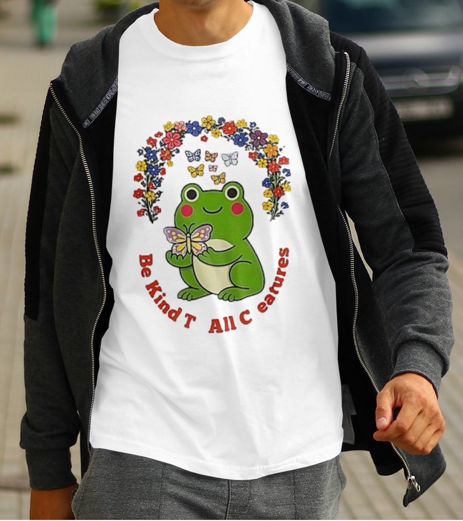 Be Kind To All Creatures Frog Butterfly Floral Rainbow T-Shirt