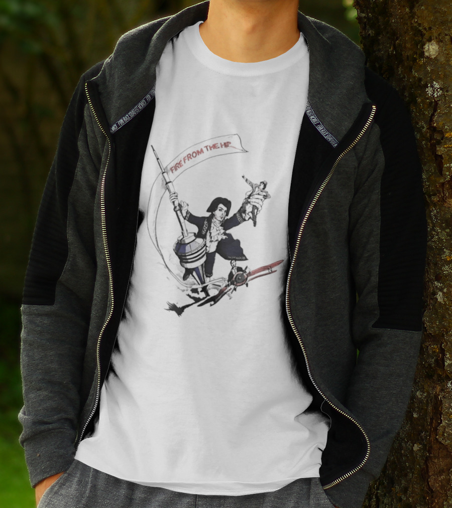 Fire From The Hip Surrealist Surreal Gun Wielding Figure Banner T-Shirt