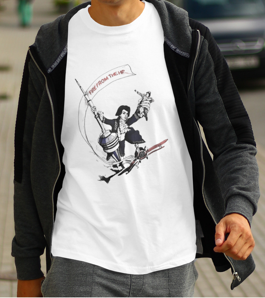Fire From The Hip Surrealist Surreal Gun Wielding Figure Banner T-Shirt