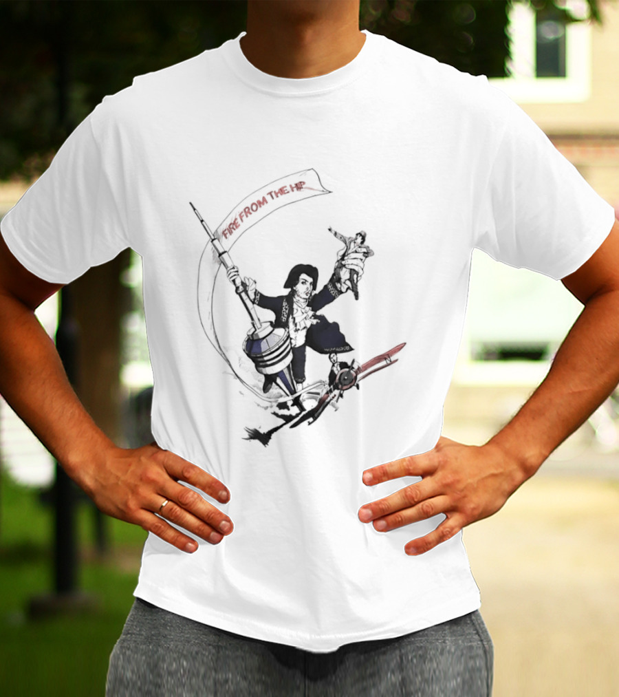 Fire From The Hip Surrealist Surreal Gun Wielding Figure Banner T-Shirt
