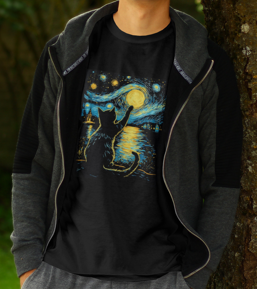 Cat Reaching For The Moon Starry Night Van Gogh Inspired Scene T-Shirt