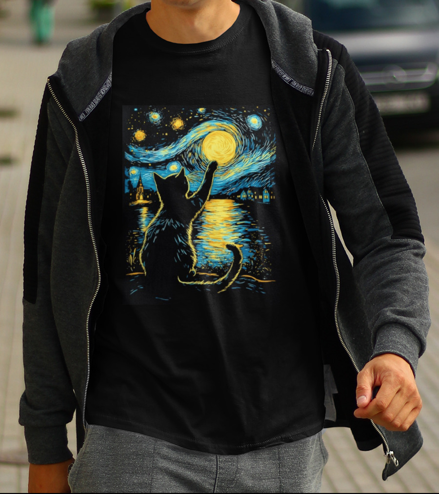 Cat Reaching For The Moon Starry Night Van Gogh Inspired Scene T-Shirt