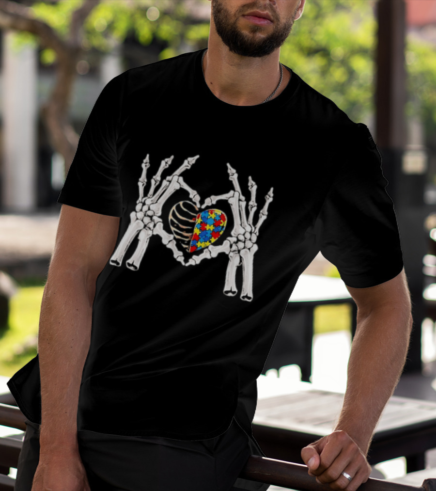 Skeleton Hands Heart Autism Puzzle Piece Awareness T-Shirt