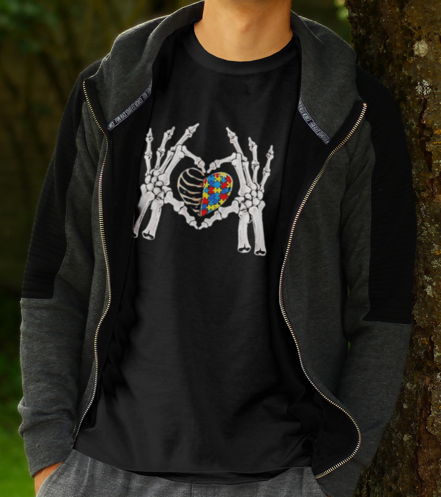 Skeleton Hands Heart Autism Puzzle Piece Awareness T-Shirt