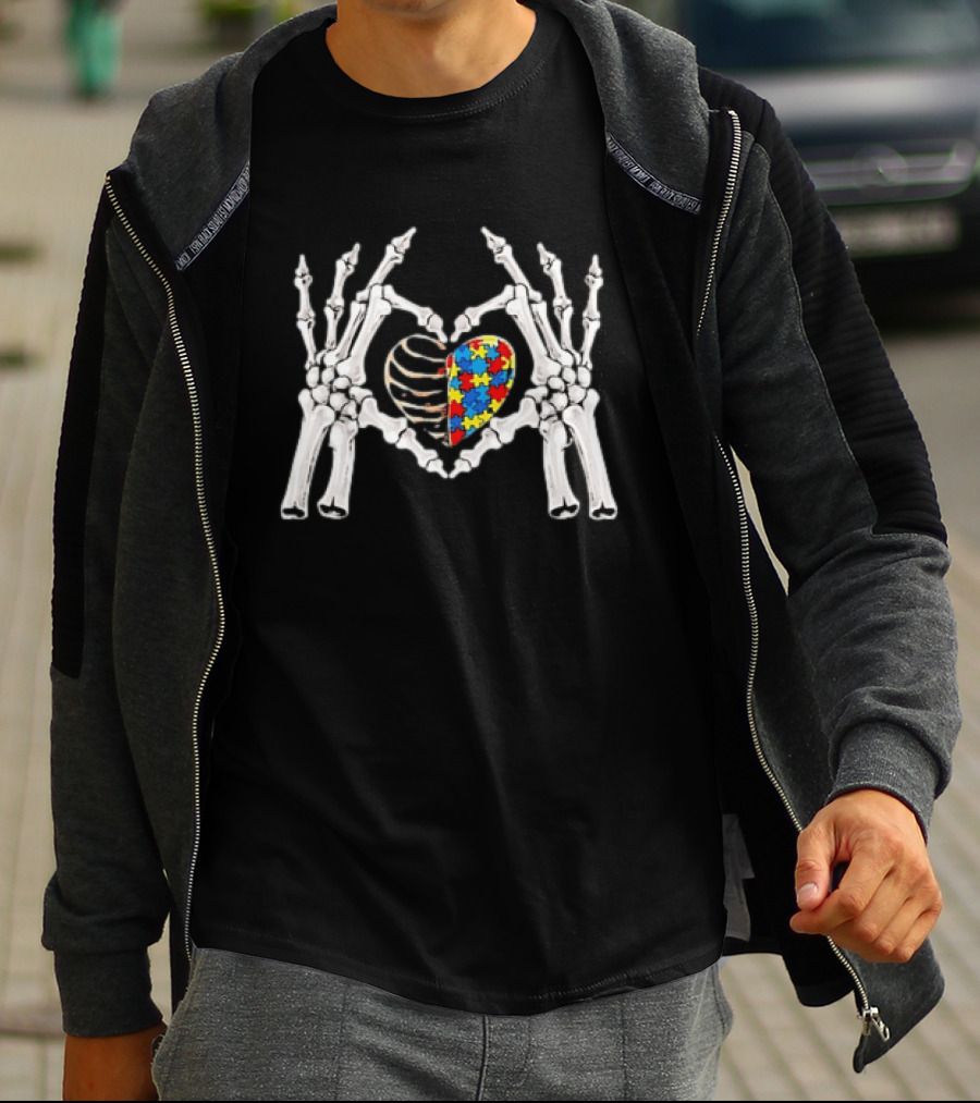 Skeleton Hands Heart Autism Puzzle Piece Awareness T-Shirt